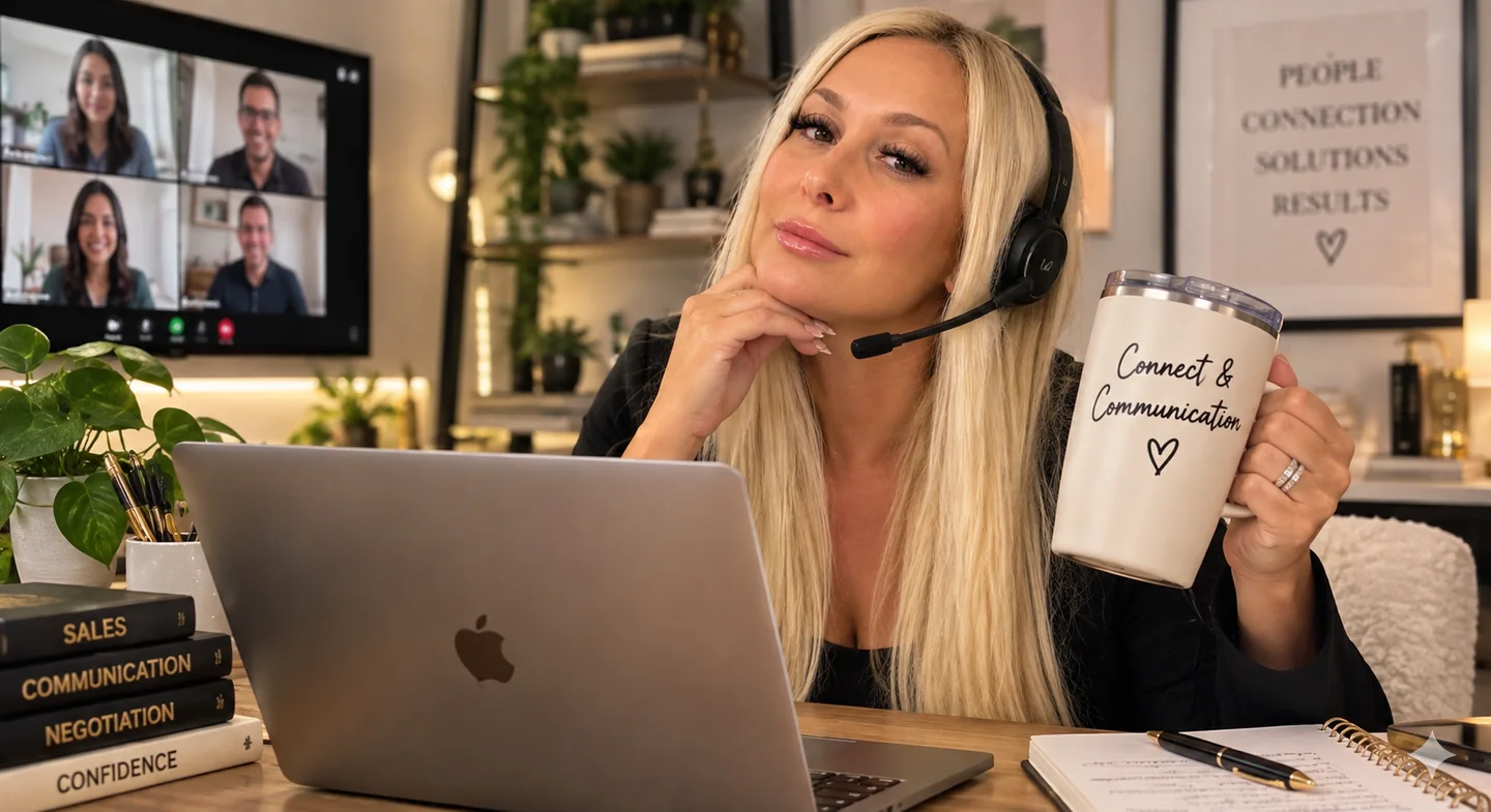 Kelly wearing a headset at her desk during a video call